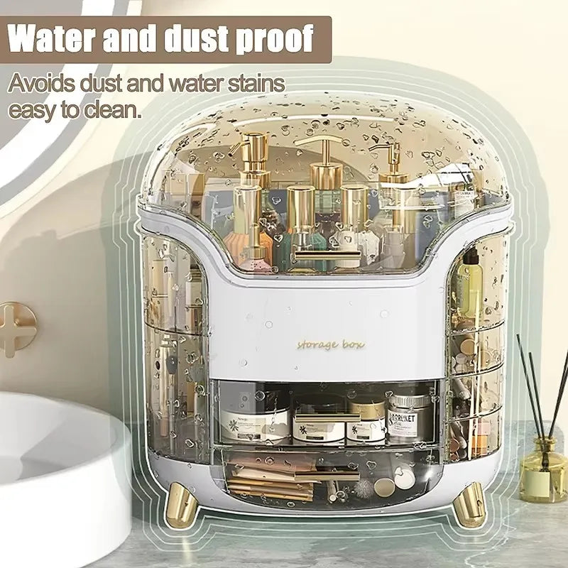 Cosmetic organizer with compartments, labeled 'Water and dust proof', on a neutral background.