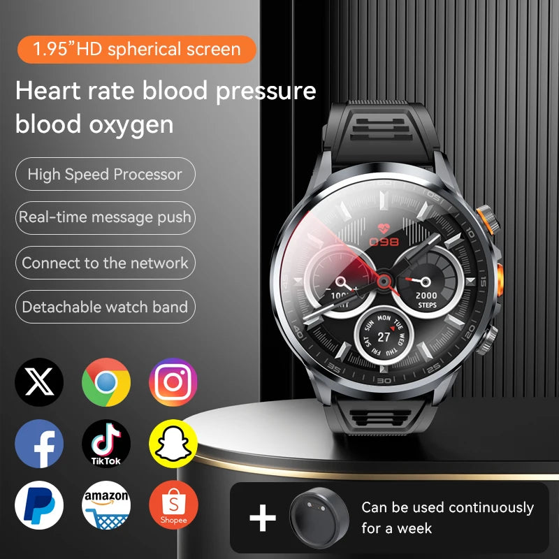Smartwatch with features listed on a gray background