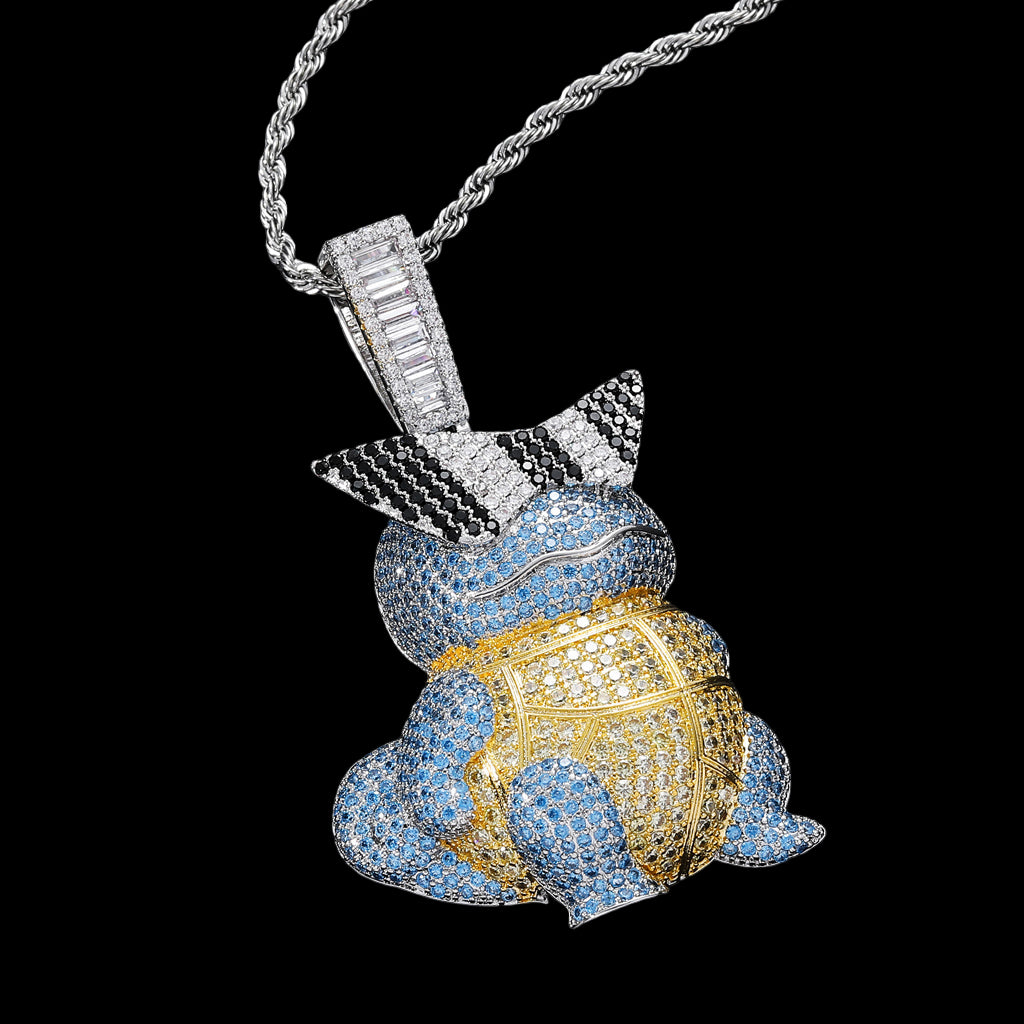 Pendant shaped like a stylized character with blue and gold design on a dark background