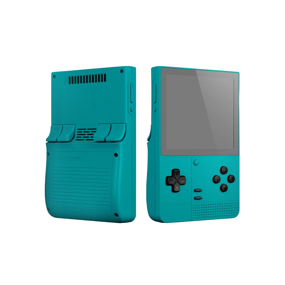 Turquoise handheld gaming console on a white background