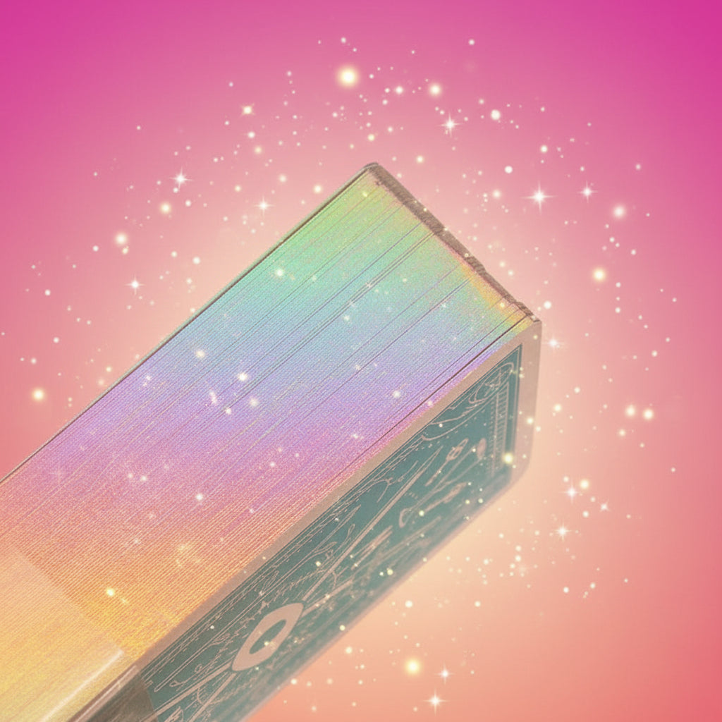 Holographic card with text and design on a blurred background