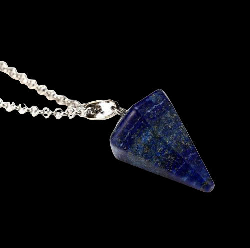 Blue stone pendant on a silver chain against a white background