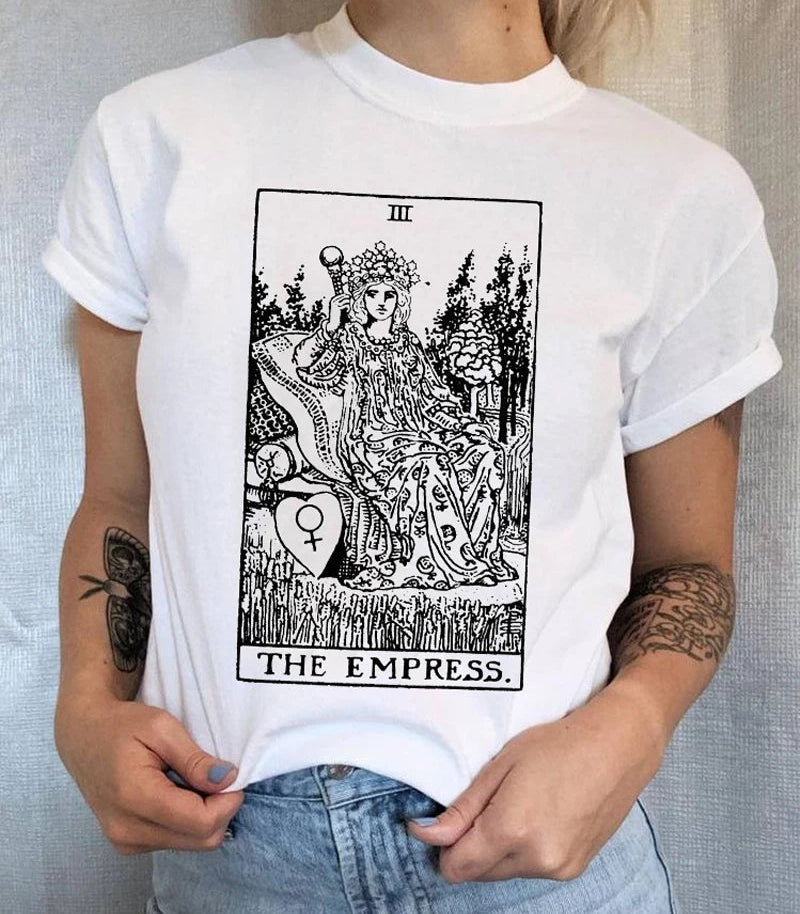 Person wearing a white t-shirt with 'The Empress' tarot card design.