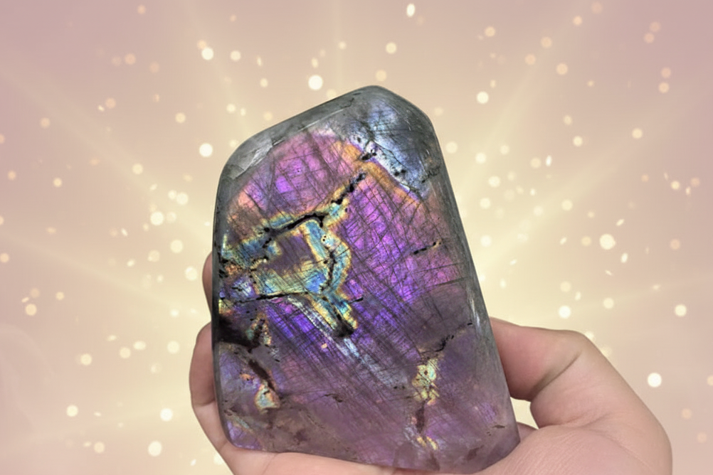Multicolored iridescent crystal held in a hand with a blurred background