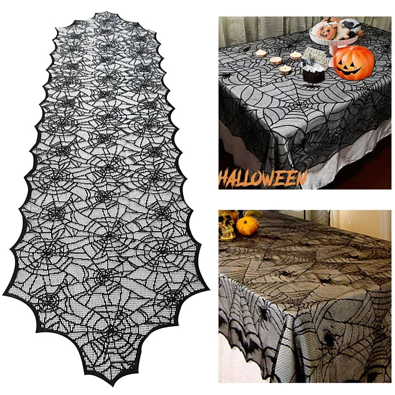 Black spider web tablecloth with Halloween-themed decorations.