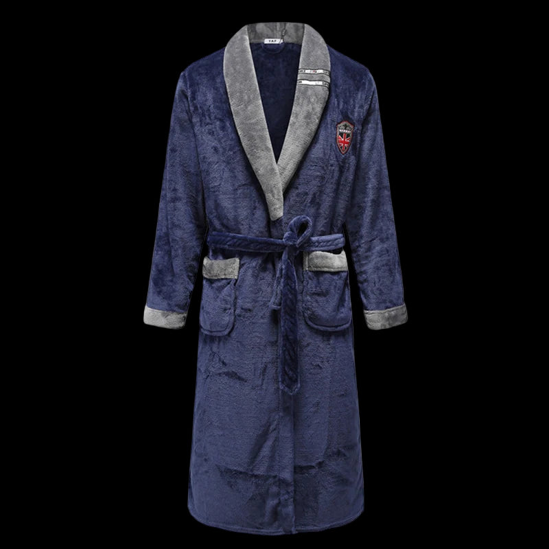 Blue robe with gray trim on a white background