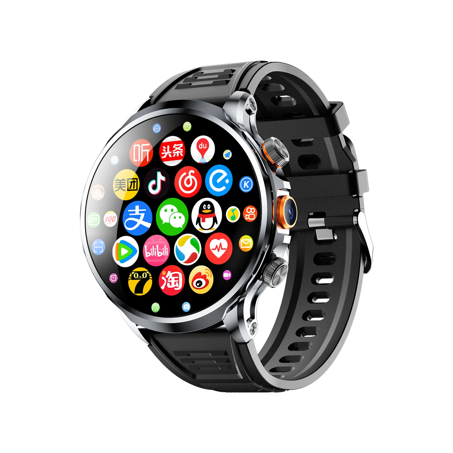 Smartwatch with a black band and colorful app icons on the screen against a white background