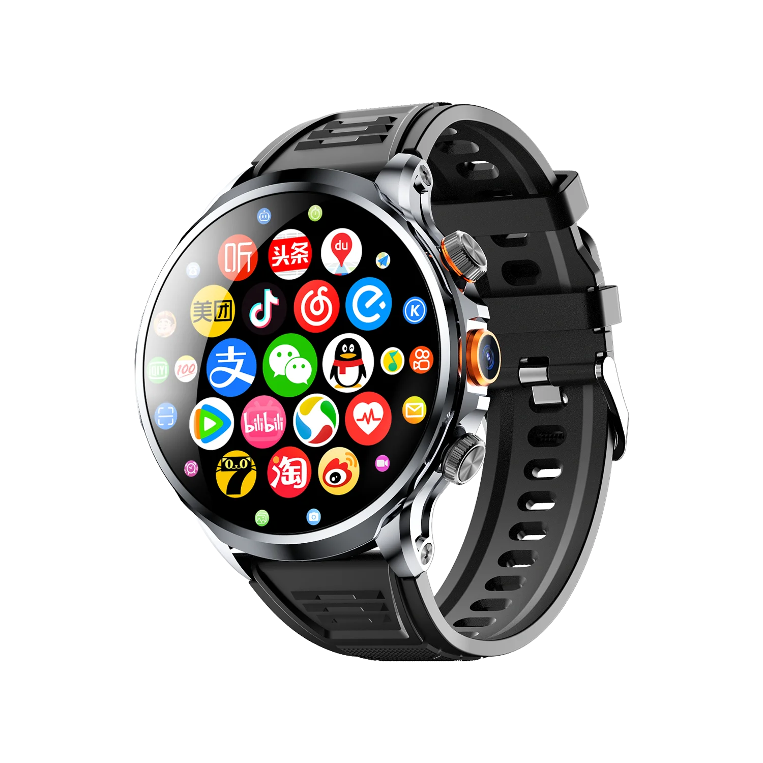 Smartwatch with a black band and colorful app icons on the screen against a white background
