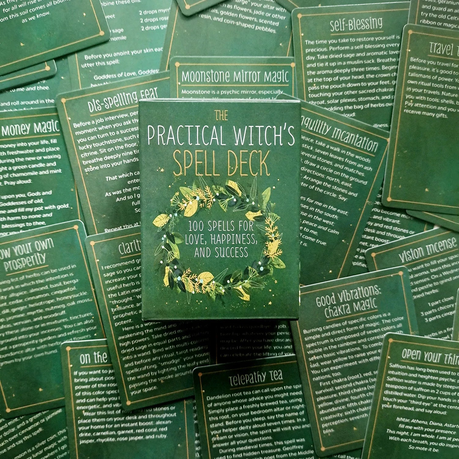 Collection of green spell cards with text and decorative elements on a matching green background.