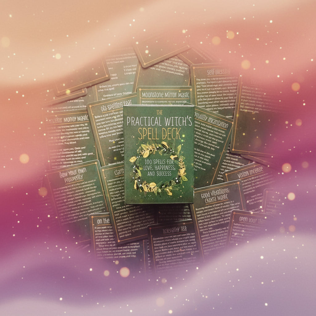 Collection of green spell cards with text and decorative elements on a matching green background.