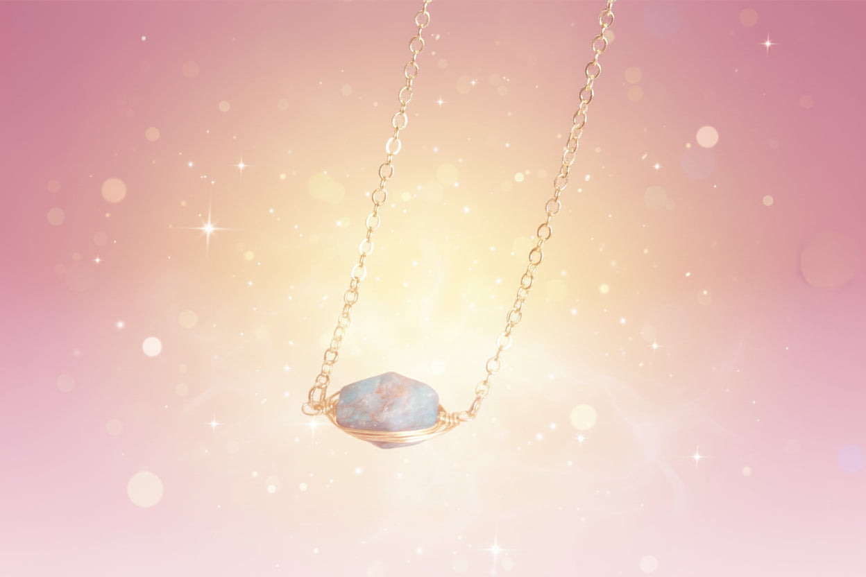 Necklace with a blue stone pendant on a beige and white background