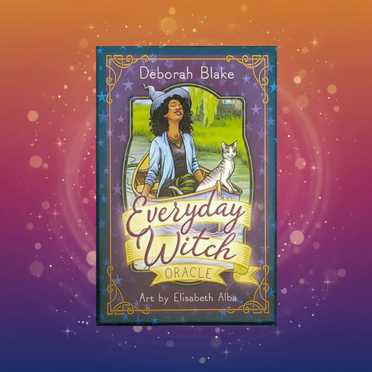 Book cover of 'Everyday Witch Oracle' by Deborah Blake with a woman and cat illustration.
