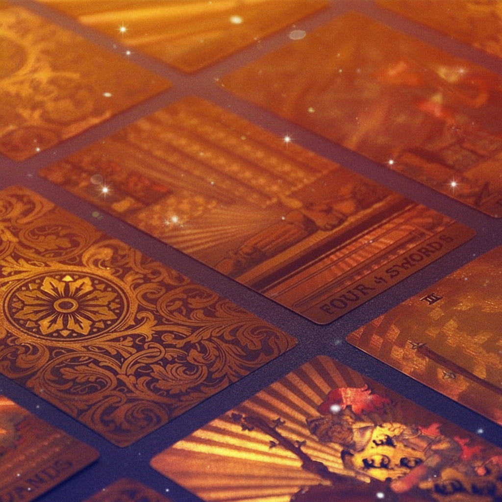 Close-up of tarot cards with intricate designs and text.