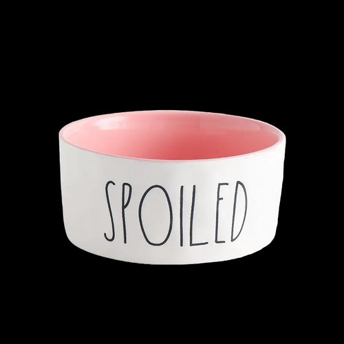 White pet bowl with pink interior and 'SPOILED' text on a white background