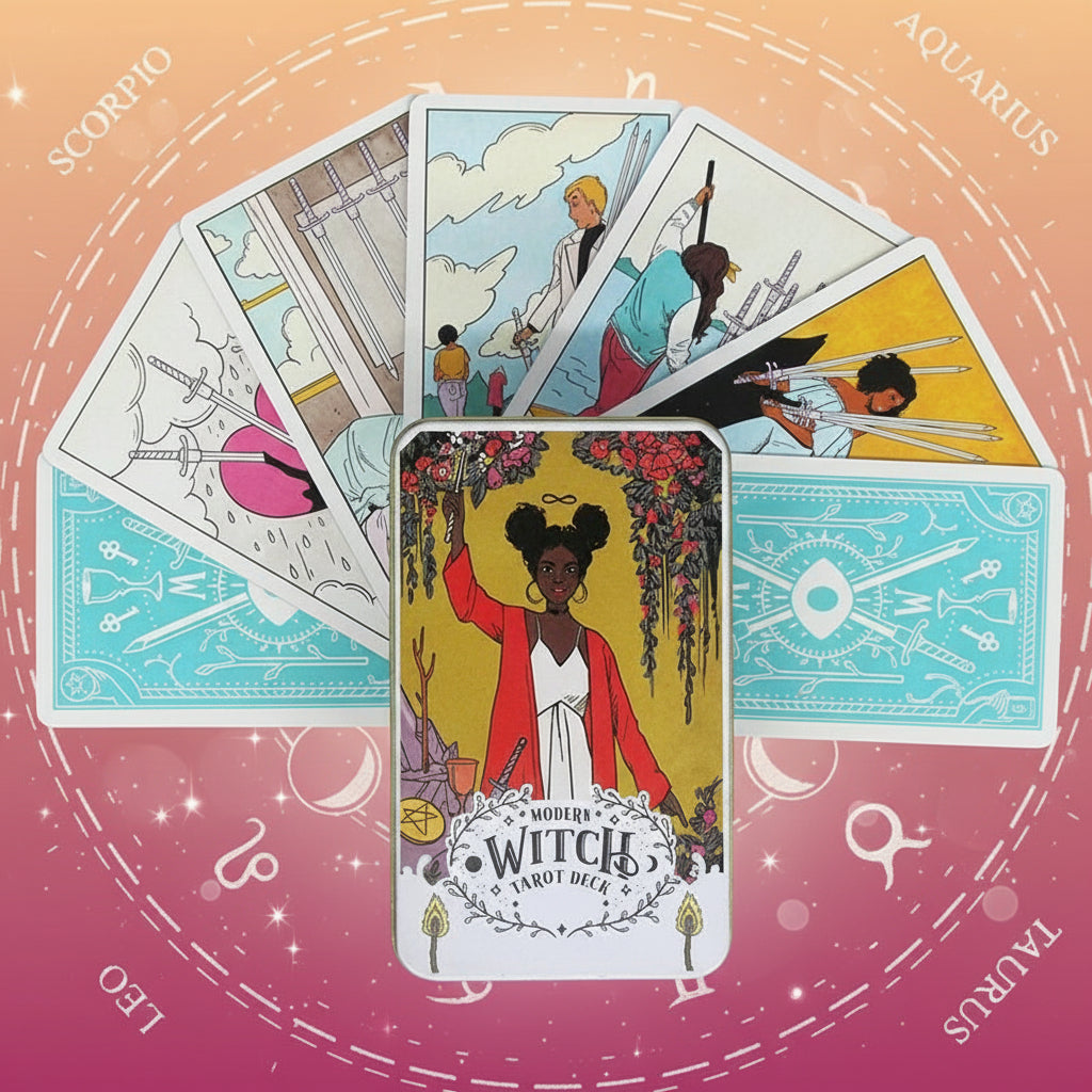 Set of tarot cards with a central card featuring a woman labeled 'Modern Witch Tarot Deck' on a black background with zodiac signs.