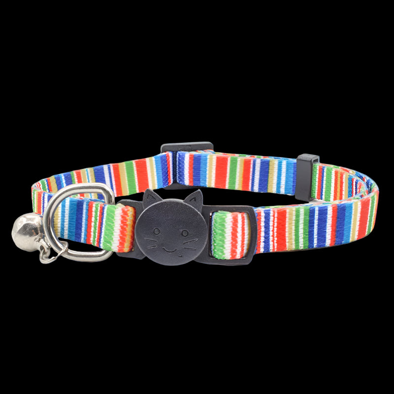 Colorful striped cat collar with a bell and black cat-shaped buckle on a white background