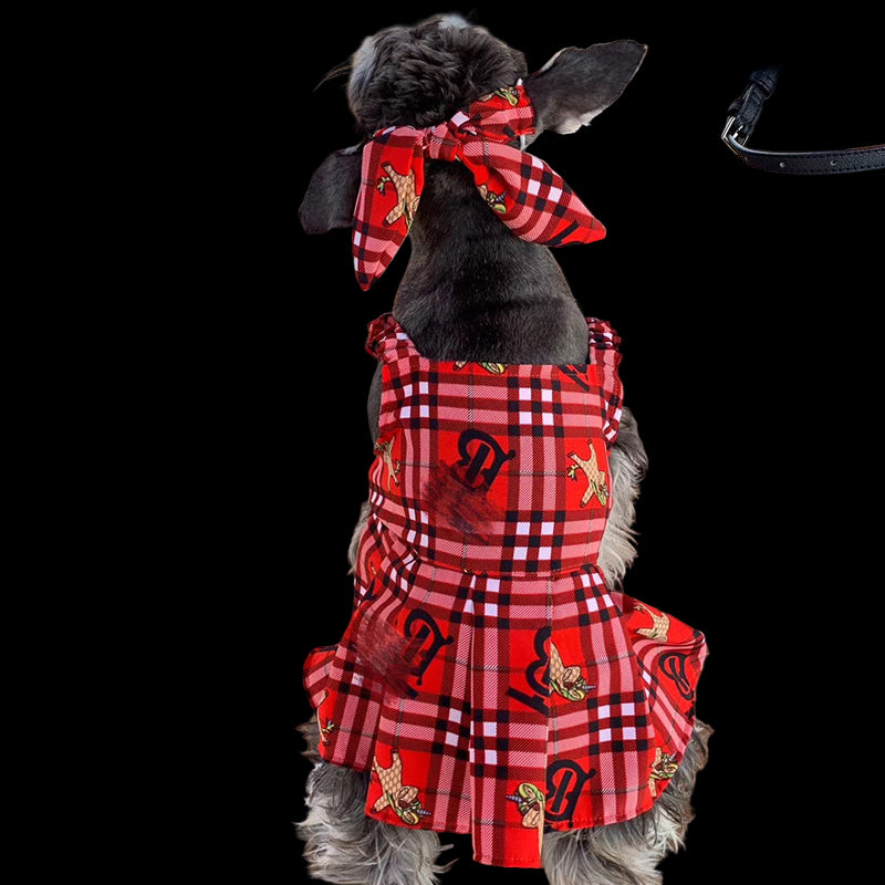 Dog wearing a red plaid dress with decorative elements on a wooden deck.