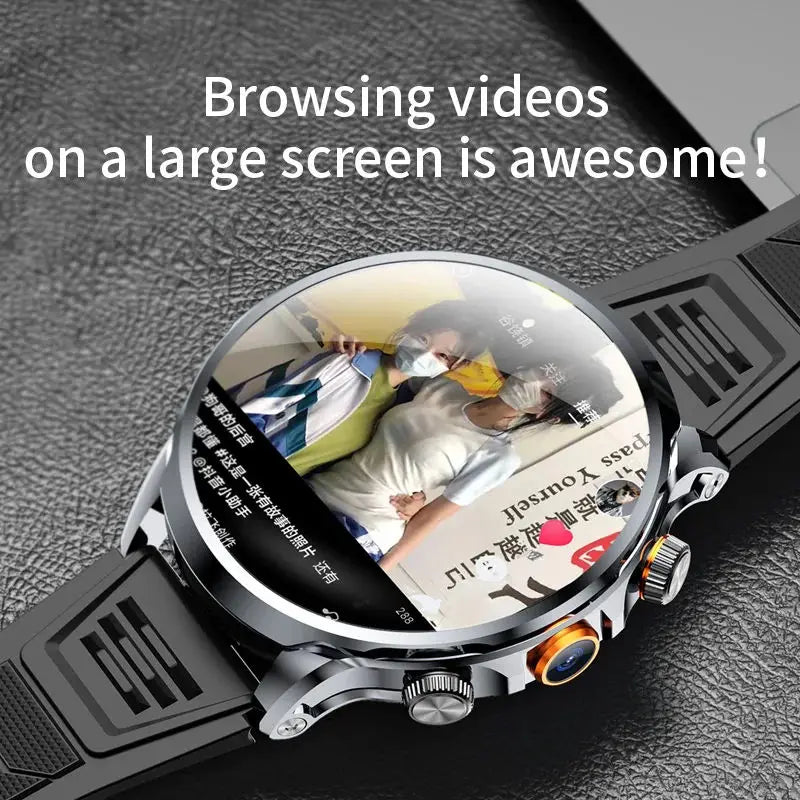 Smartwatch displaying a video on its screen with text 'Browsing videos on a large screen is awesome!'