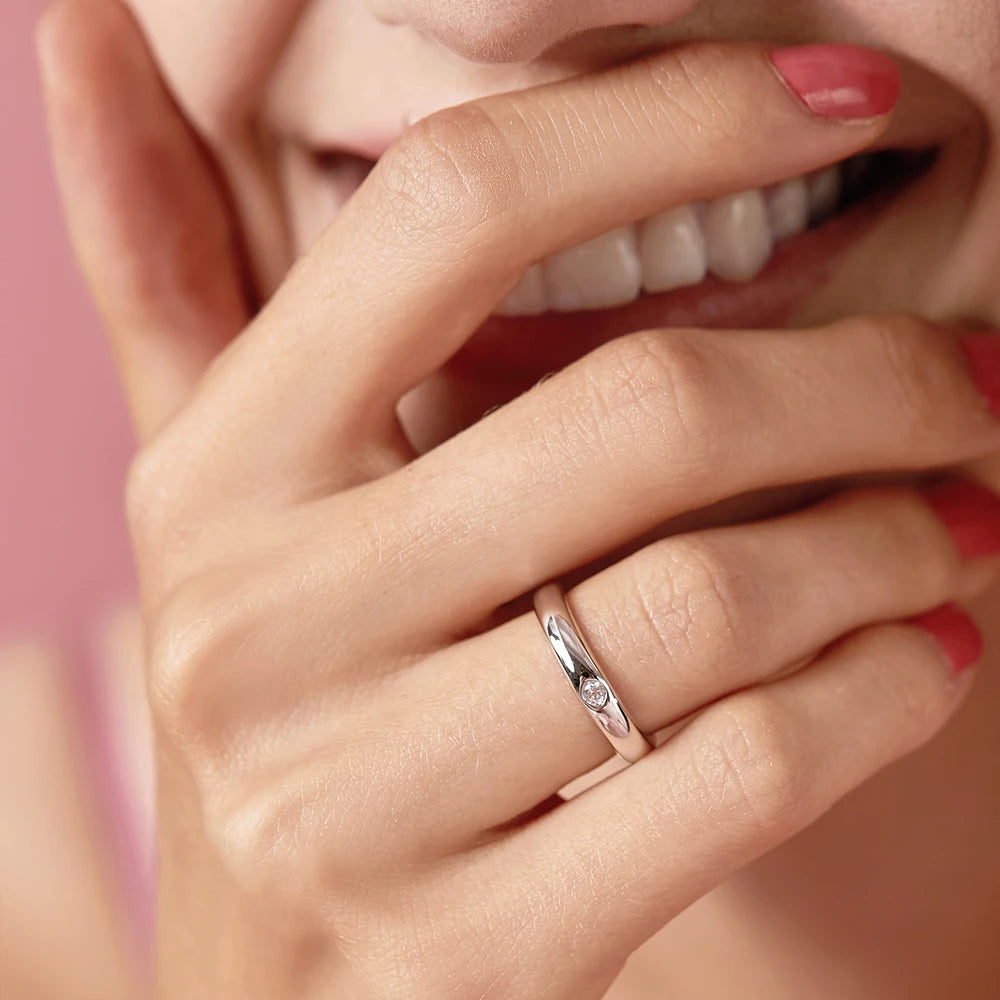 925 Sterling Silver Clear CZ Simple Sparkling Stackable Couples Ring Set