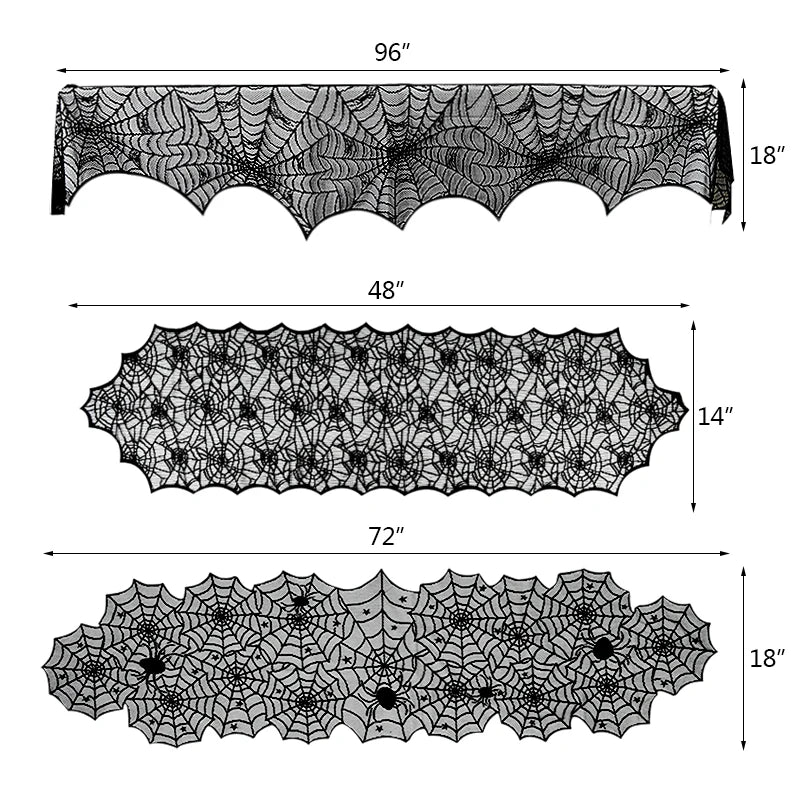 Measurement chart of a spider web table runner with dimensions.
