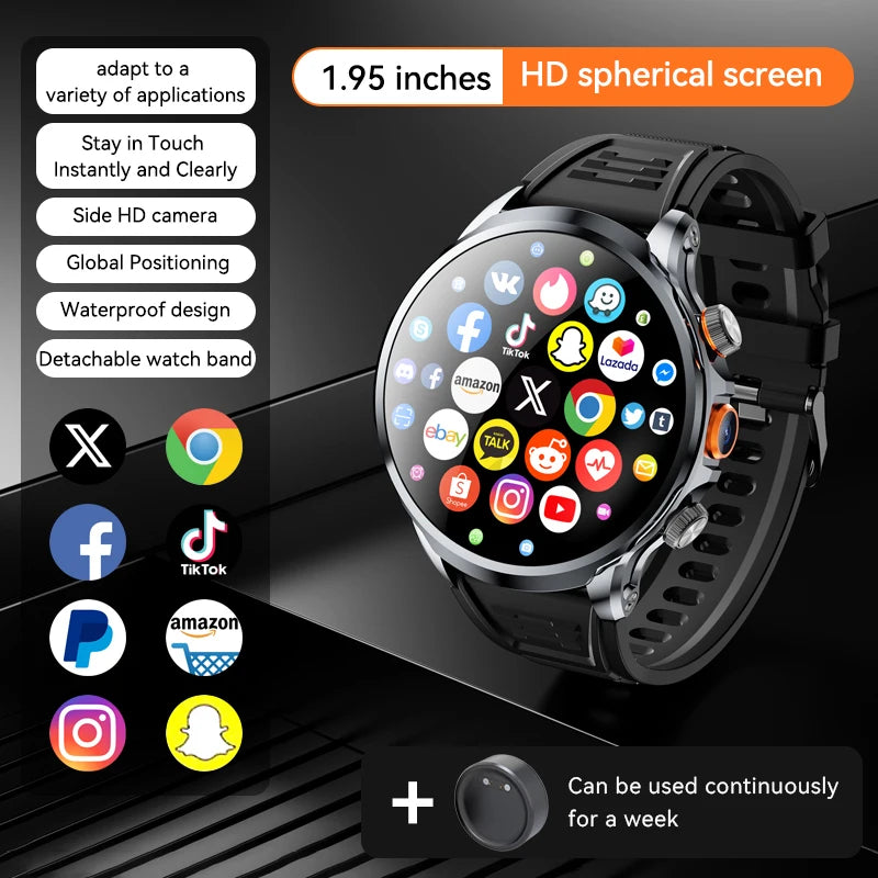 Smartwatch with colorful app icons on a black background
