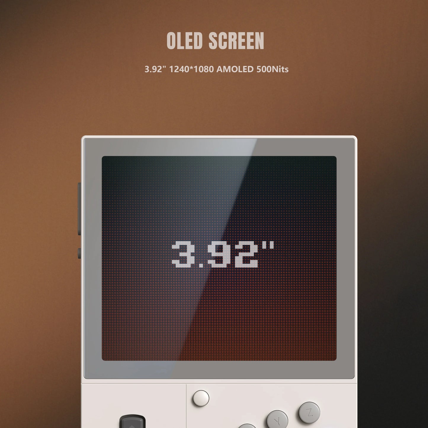 OLED screen with specifications on a brown background