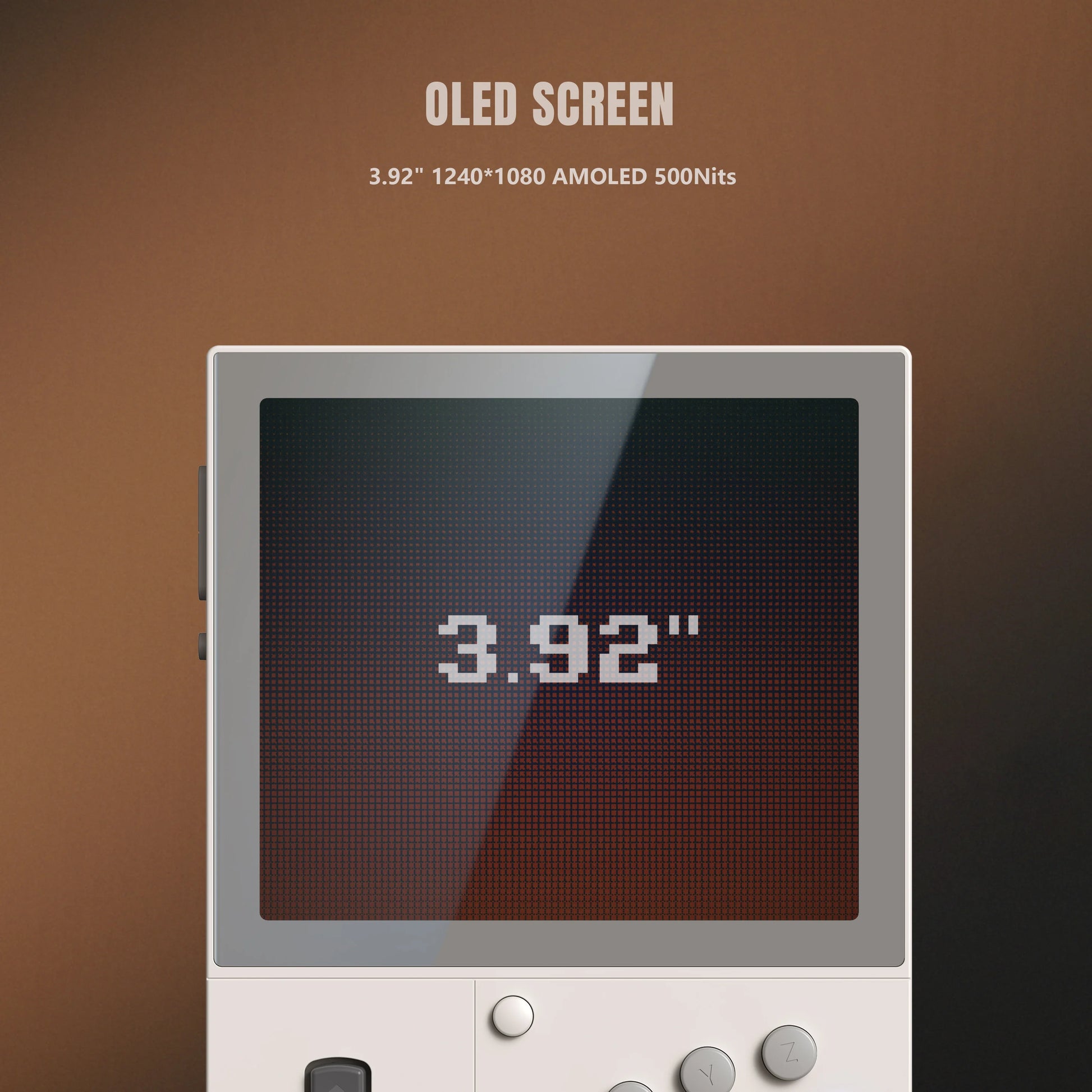 OLED screen with specifications on a brown background