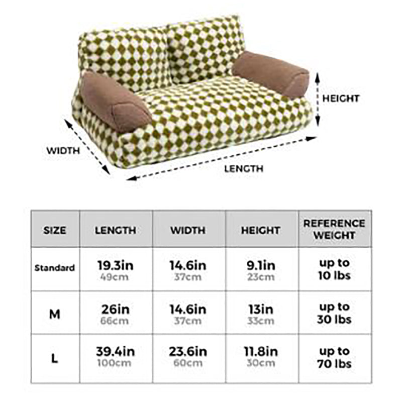 Measurement chart of a checkered bean bag chair with dimensions and weight capacity.