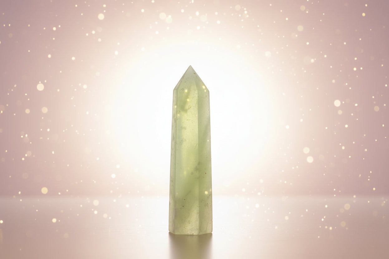 Green crystal tower on a white surface with a blurred background
