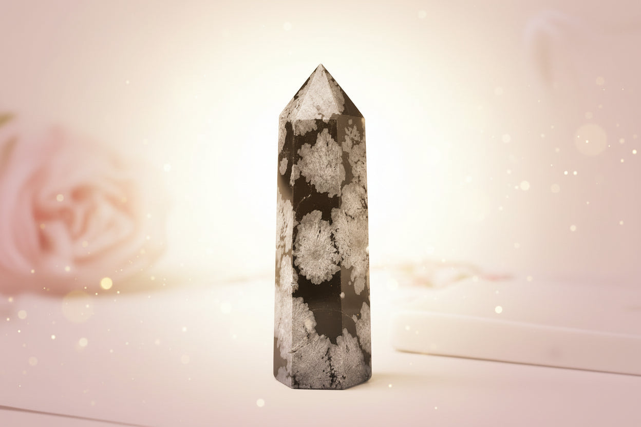 Decorative black and white crystal tower on a light background