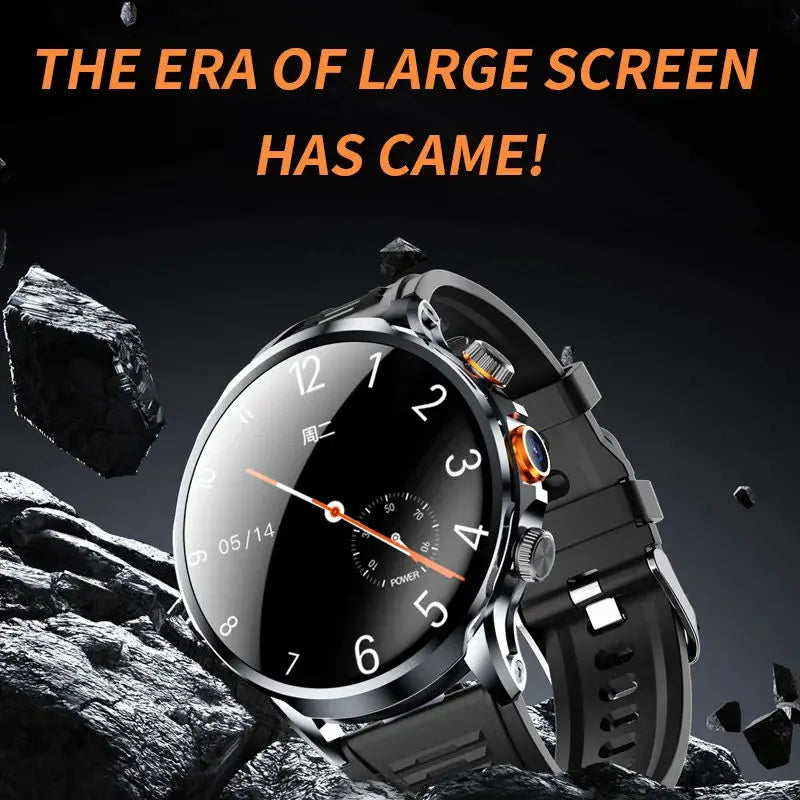 Smartwatch on a rocky surface with text 'THE ERA OF LARGE SCREEN HAS COME!' in the background