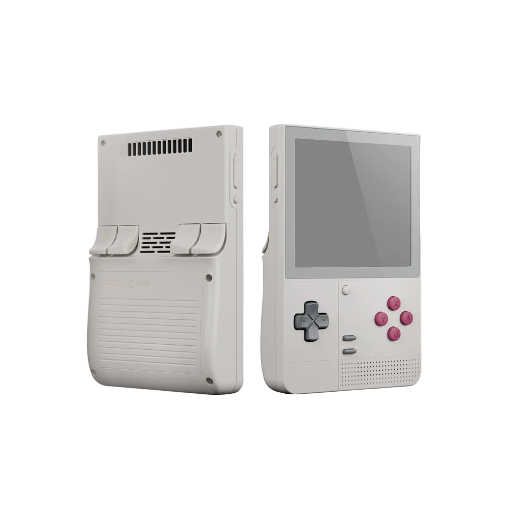White handheld gaming console with screen and control buttons on a white background