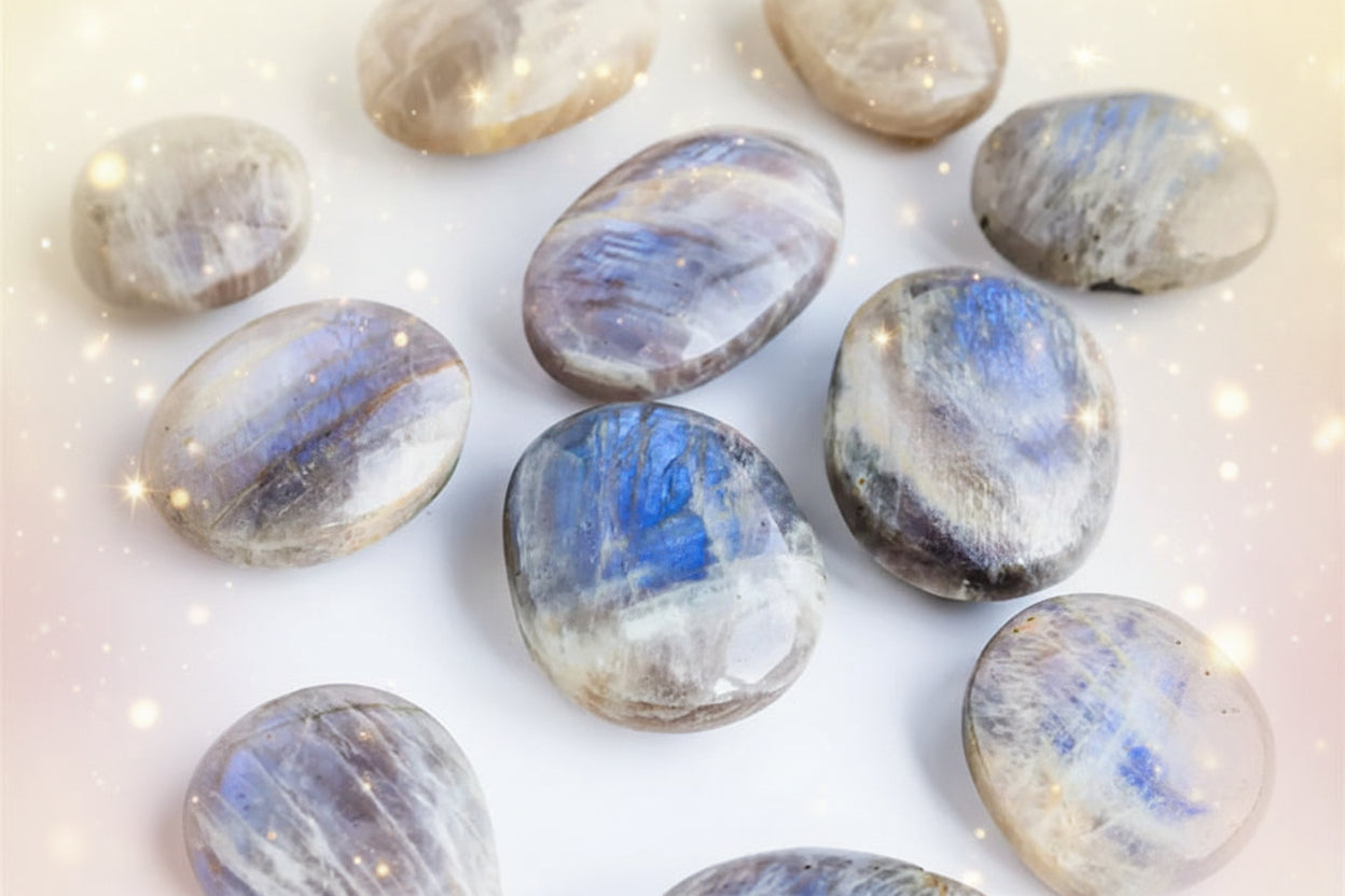 Multiple Labradorite stones on a white background
