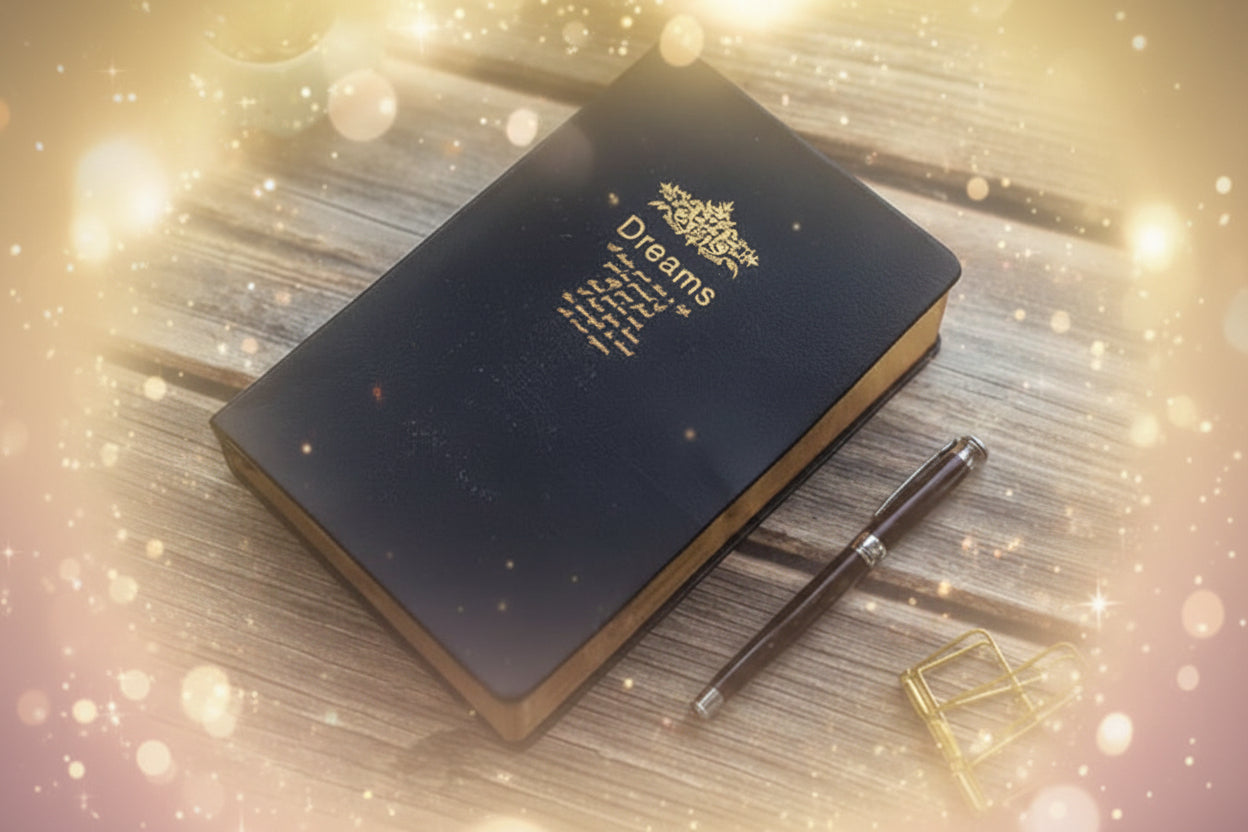 Black notebook with gold embossed text on a wooden surface with a pen and small plant.