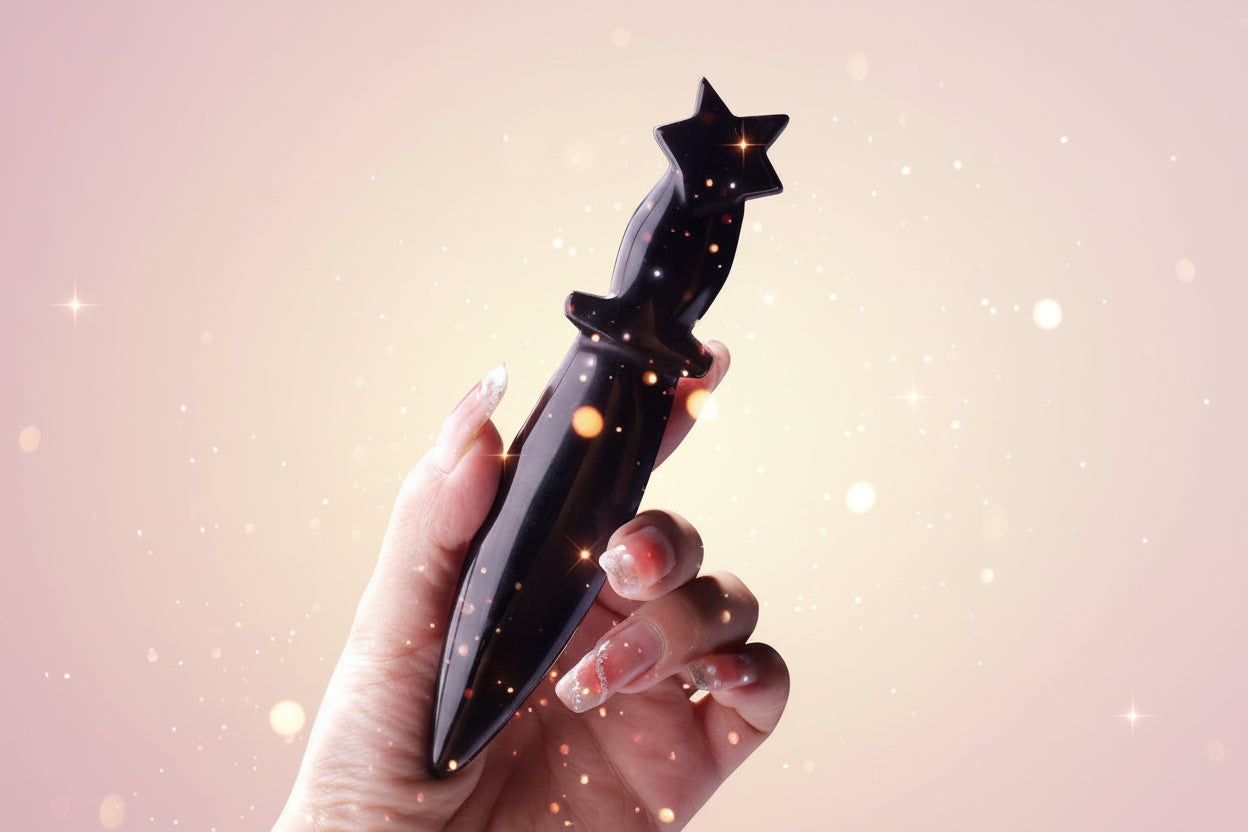 Hand holding a black star-shaped object against a dark background