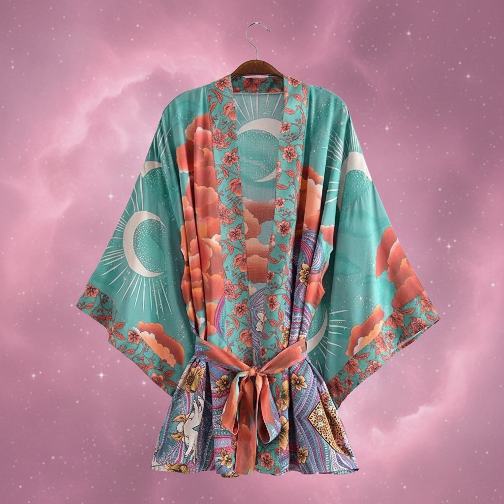 Colorful kimono-style robe with floral and celestial designs on a white background