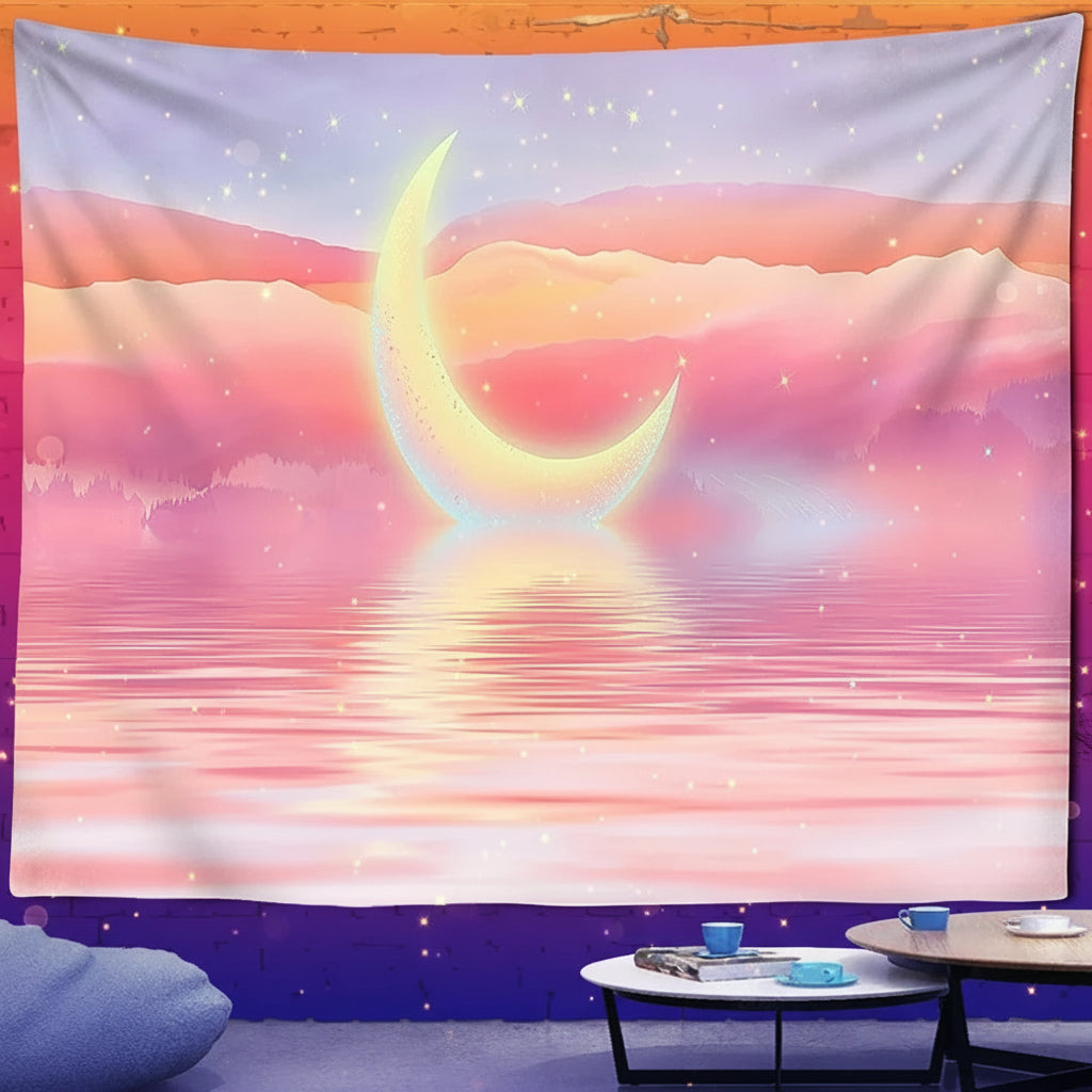 Colorful tapestry with a crescent moon design hanging on a wall.