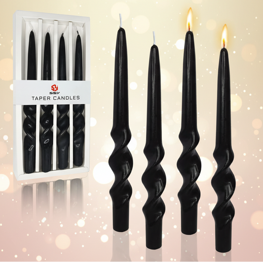 Black twisted candles with packaging on a white background