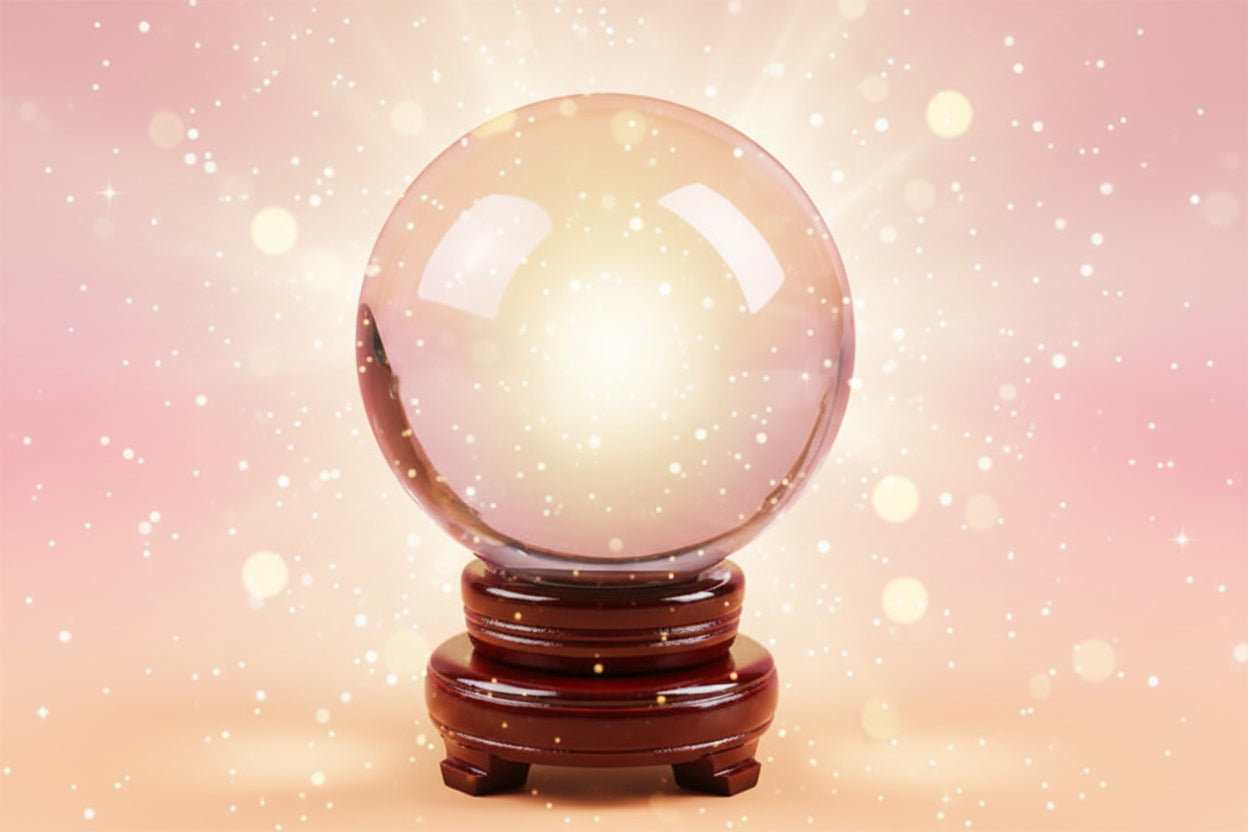 Clear crystal ball on a wooden stand against a white background