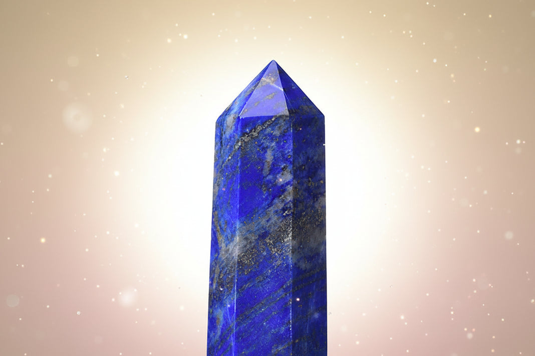 Blue crystal tower on a white surface with a blurred pink flower in the background