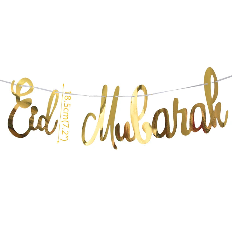 Gold 'Eid Mubarak' banner on a white background