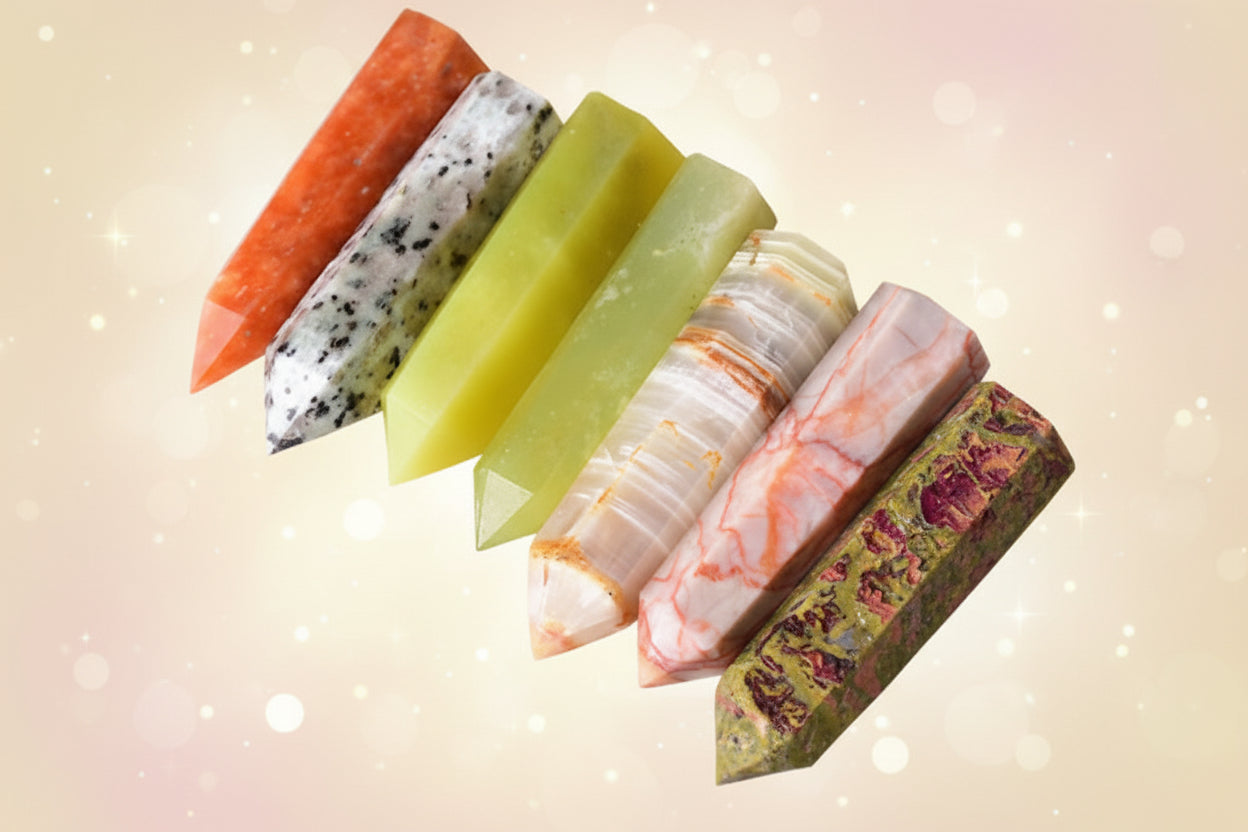 Set of colorful soap bars on a textured surface with a floral touch.