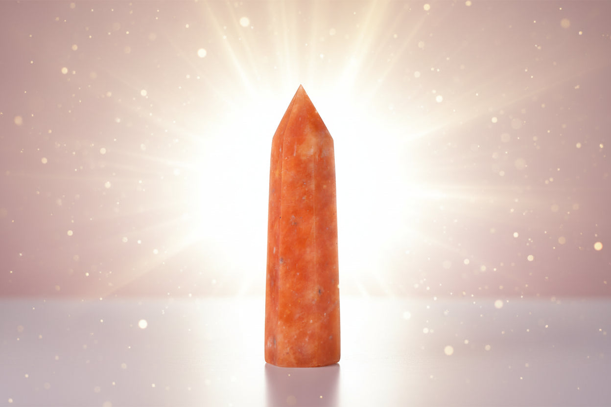 Orange crystal pyramid on a white surface with a blurred background
