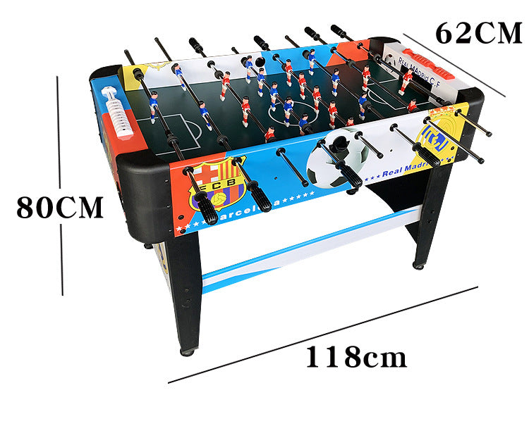 Foosball table with dimensions labeled on a white background