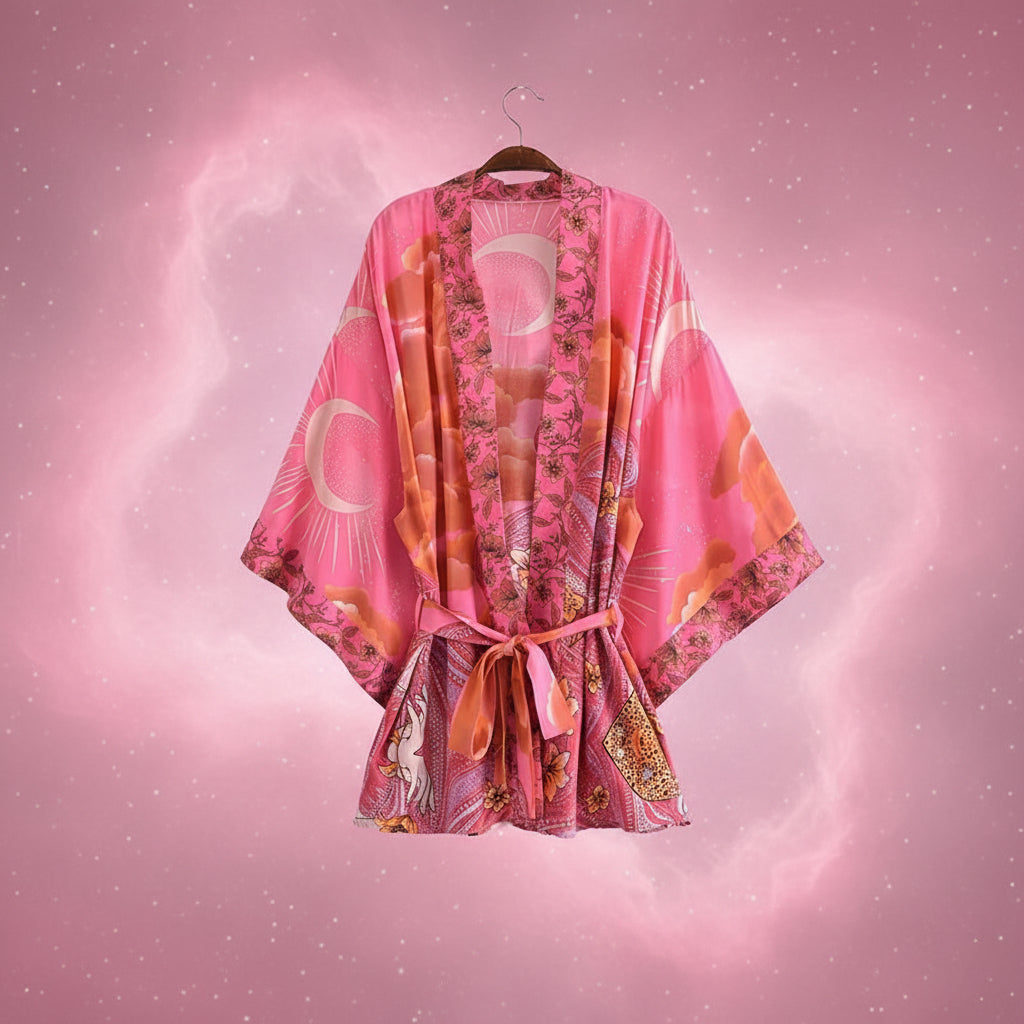 Pink kimono with floral patterns on a hanger against a white background