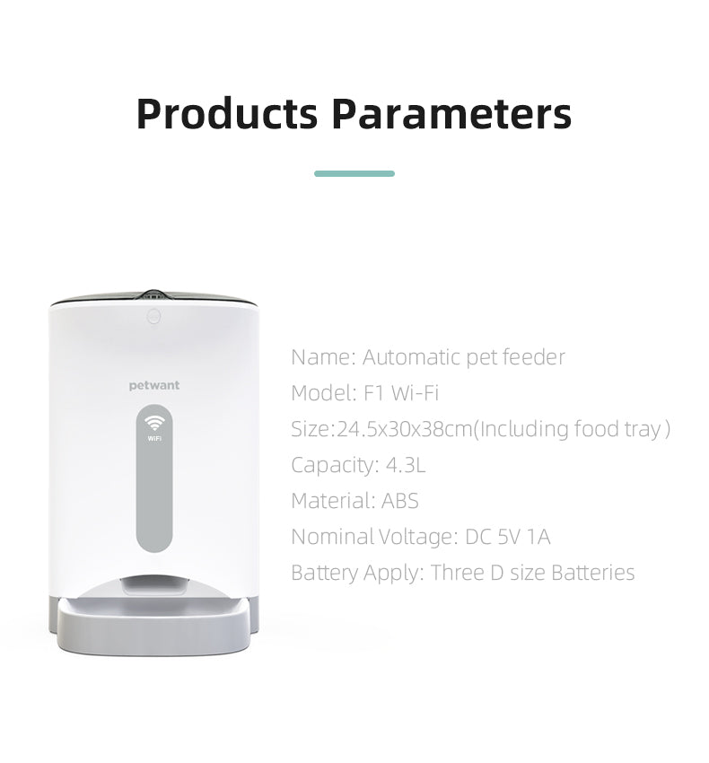 Automatic pet feeder with product parameters on a white background