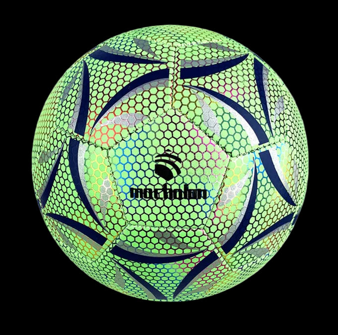 Green soccer ball with blue and gray patterns on a white background