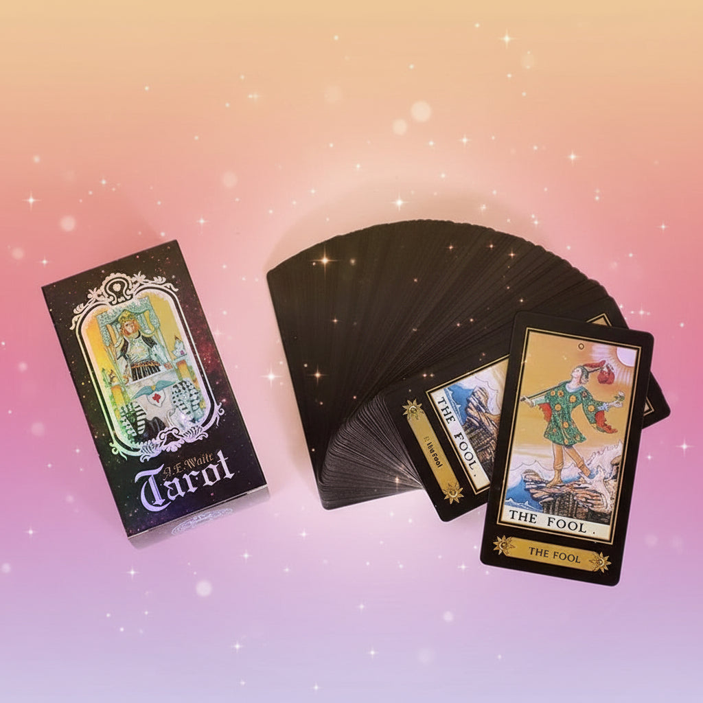 Tarot cards with a deck and box on a light background
