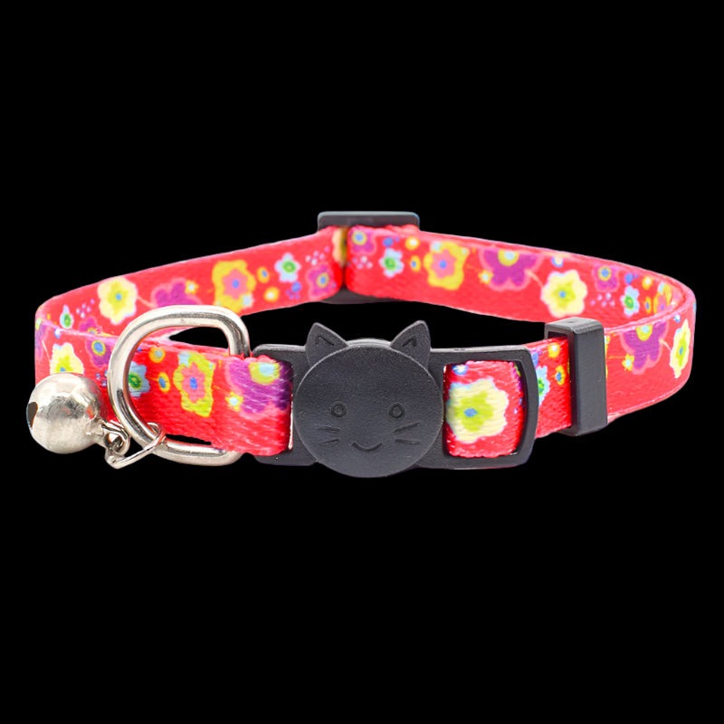 Cat collar with colorful floral pattern on a white background