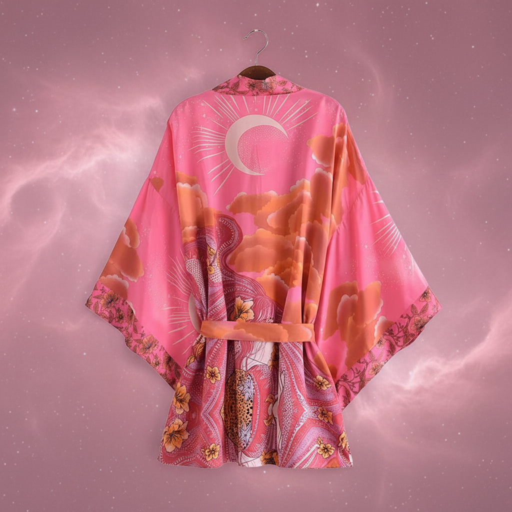 Pink kimono with floral patterns on a hanger against a white background